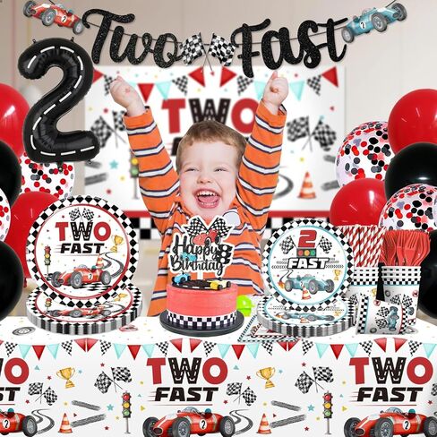 cocomigo 170Pcs Two Fast Birthday Decor, 2 Fast Birthday Decorations Include Plate Cup Napkin Backdrop Banner Tablecloth Balloon Cutlery and Topper in Saudi Arabia