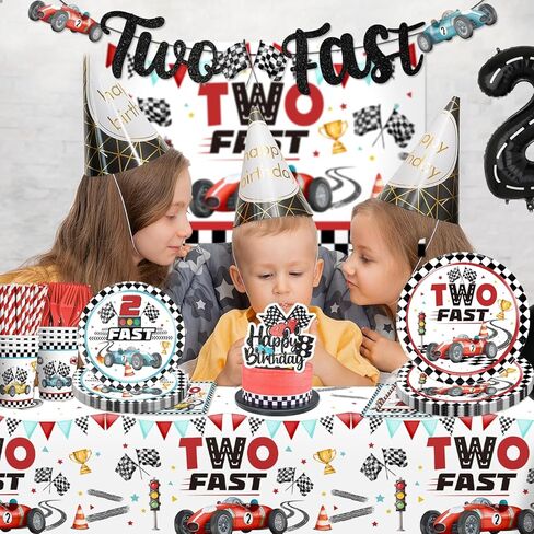 cocomigo 170Pcs Two Fast Birthday Decor, 2 Fast Birthday Decorations Include Plate Cup Napkin Backdrop Banner Tablecloth Balloon Cutlery and Topper in Saudi Arabia