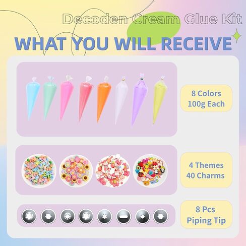 Decoden Cream Glue Kit, 8 Colors 100g Fake Whipped Cream Glue with 40PCS Charms & Tips, DIY Phone Case Craft Kit, Deco Cream for Jewelry Mirror Decoration, Gift for Girls Teens in Saudi Arabia