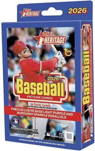 صندوق شماعات البيسبول Topps Heritage لعام 2026 – 35 بطاقة – تصميم 1977 – متوازيات حصرية باللونين الأرجواني والبورجوندي اللامعة in Kuwait