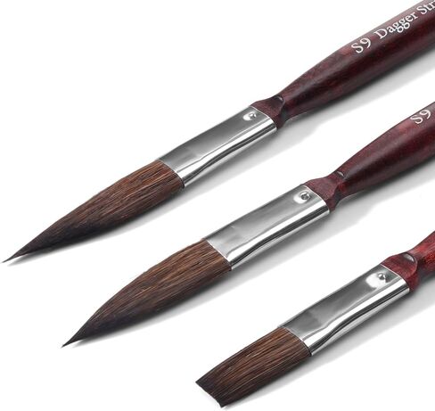 Watercolor Brushes Professional Set, 3Pcs Artist Paint Brushes for Acrylic, Gouache, Ink, Oil Painting, Soft Synthetic Squirrel Hair Short Handle Brush Set with Dagger, Cat's Tongue and Flat Brushes in Saudi Arabia