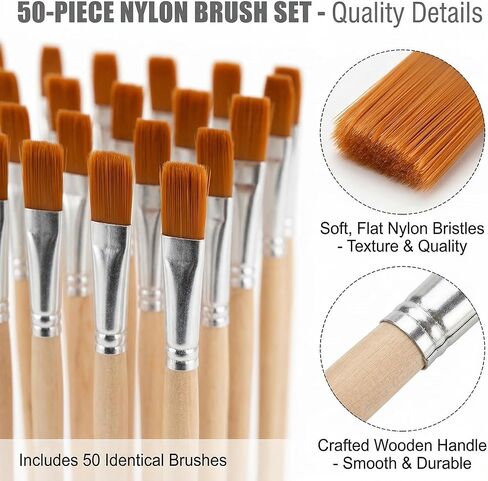 Nylon Paint Brush Set 50pcs, Short Wood Handle Art Brushes for Gouache, Soft Flat Paint Brushes for Wall Art and Craft Projects, Portable Brush Kit for Painting and Keyboard Cleaning in Kuwait