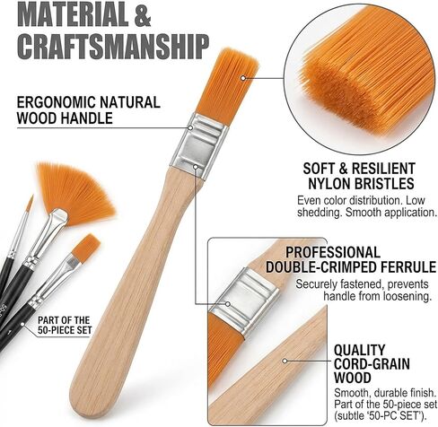 Nylon Paint Brush Set 50pcs, Short Wood Handle Art Brushes for Gouache, Soft Flat Paint Brushes for Wall Art and Craft Projects, Portable Brush Kit for Painting and Keyboard Cleaning in Kuwait