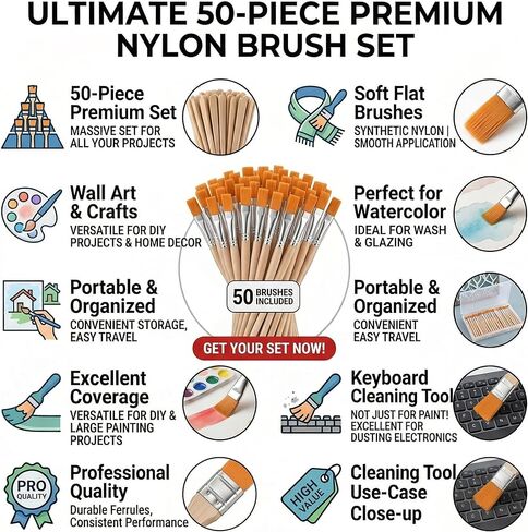 Nylon Paint Brush Set 50pcs, Short Wood Handle Art Brushes for Gouache, Soft Flat Paint Brushes for Wall Art and Craft Projects, Portable Brush Kit for Painting and Keyboard Cleaning in Kuwait