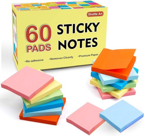 Sticky Notes, Shuttle Art 60 Pads Bright Stickies, 6 Assorted Colors, 3x3 Inches, 100 Sheets/Pad Sticky Pads for Home, School, Office in Kuwait