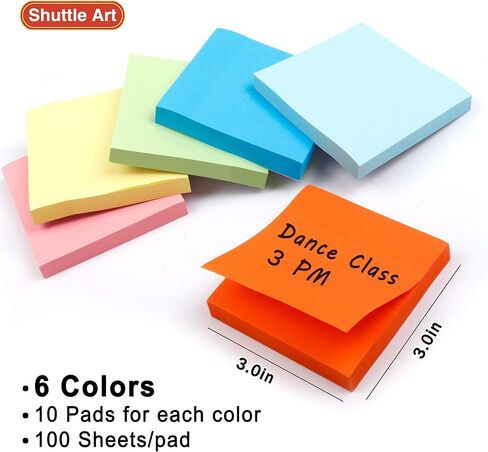 Sticky Notes, Shuttle Art 60 Pads Bright Stickies, 6 Assorted Colors, 3x3 Inches, 100 Sheets/Pad Sticky Pads for Home, School, Office in Kuwait