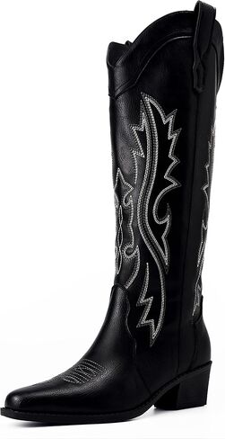 Cowboy Boots Women Knee High Cowgirl Boots for Women Wide Calf Square Toe Chunky Heel Embroidered Western Black Boots Pull On Fashion Retro Classic Vintage Tall Boots for Ladies, Breathable in Saudi Arabia
