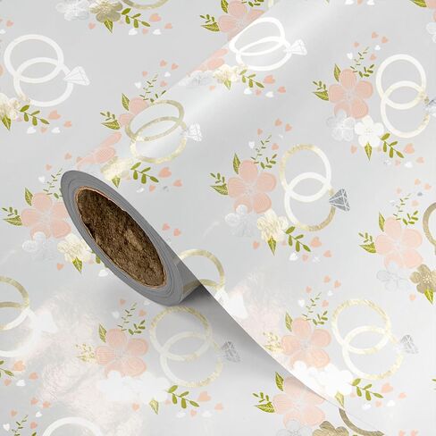 LeZakaa Wedding Wrapping Paper Roll, Love Ring Design Gift Wrap Paper with Silver Foil for Bridal Shower, Engagement, Anniversary, Wedding, Valentines, 17 in x 9.8 ft in Kuwait