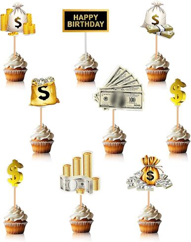 10PCS Money Theme Cupcake Toppers – Happy Birthday Dollar Bill Sign Cake Decorations for Party, Wedding, Baby Shower & Holiday Celebrations Halloween Thanksgiving Christmas Decor in Saudi Arabia