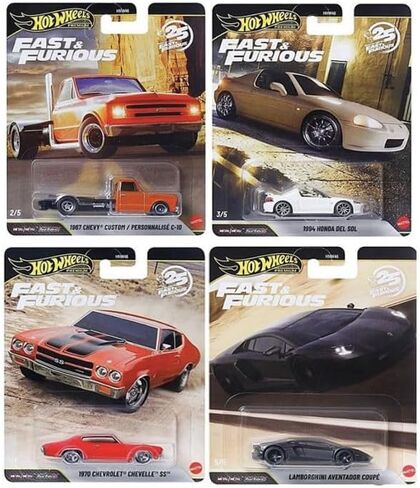 Hot Wheels Premium Fast & Furious 25th Anniversary Die-Cast Cars, Set of 4, Custom Chevy, Chevelle, Honda Del Sol, Lamborgini Aventador,1:64 Scale HNW46-956P in Saudi Arabia
