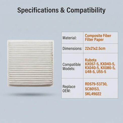 RD579-53730 Cabin Air Filter Compatible with Kubota Excavator KX057-5 U48-5 U55-5 KX080-5 KX040-5. Replace# RD57953730 SC 80153 SC80153 SKL 49022 SKL49022 in Saudi Arabia