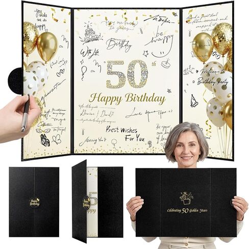 Black Gold 50th Birthday Guest Book Alternative - 16.53" x 11.61" Large Foldable 50th Birthday Signature Board with Magnetic Closure & Starlight Film, Jumbo 50th Anniversary Card for Men & Women in Saudi Arabia