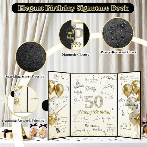 Black Gold 50th Birthday Guest Book Alternative - 16.53" x 11.61" Large Foldable 50th Birthday Signature Board with Magnetic Closure & Starlight Film, Jumbo 50th Anniversary Card for Men & Women in Saudi Arabia
