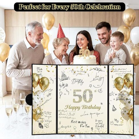 Black Gold 50th Birthday Guest Book Alternative - 16.53" x 11.61" Large Foldable 50th Birthday Signature Board with Magnetic Closure & Starlight Film, Jumbo 50th Anniversary Card for Men & Women in Saudi Arabia