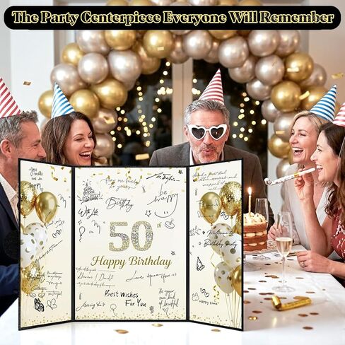 Black Gold 50th Birthday Guest Book Alternative - 16.53" x 11.61" Large Foldable 50th Birthday Signature Board with Magnetic Closure & Starlight Film, Jumbo 50th Anniversary Card for Men & Women in Saudi Arabia