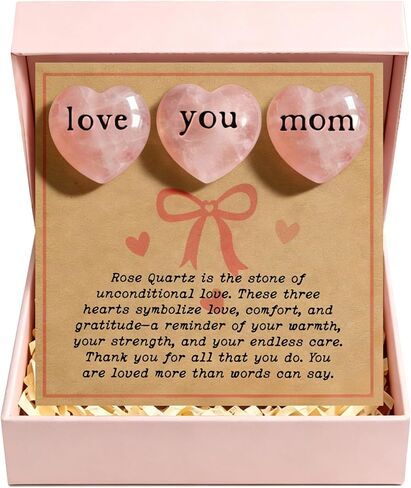 Nuyviare Love You Mom Rose Quartz Heart Set, Keepsake from Daughter or Son, Birthday Gift, Crystal Collection with Message Card (Black) in Kuwait