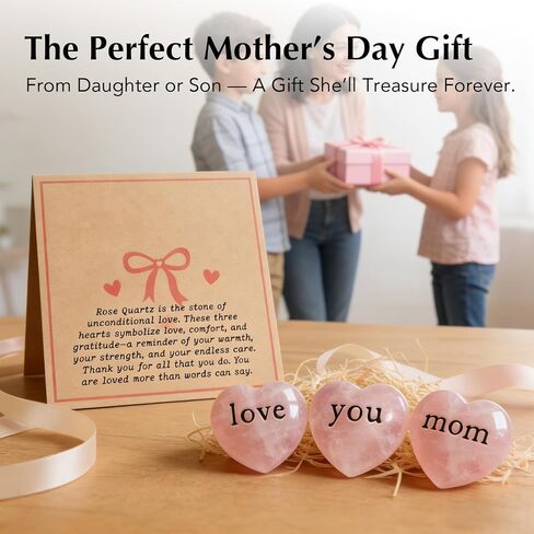 Nuyviare Love You Mom Rose Quartz Heart Set, Keepsake from Daughter or Son, Birthday Gift, Crystal Collection with Message Card (Black) in Kuwait