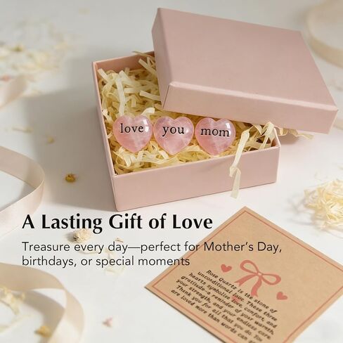 Nuyviare Love You Mom Rose Quartz Heart Set, Keepsake from Daughter or Son, Birthday Gift, Crystal Collection with Message Card (Black) in Kuwait