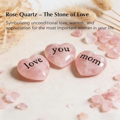 Nuyviare Love You Mom Rose Quartz Heart Set, Keepsake from Daughter or Son, Birthday Gift, Crystal Collection with Message Card (Black) in Kuwait