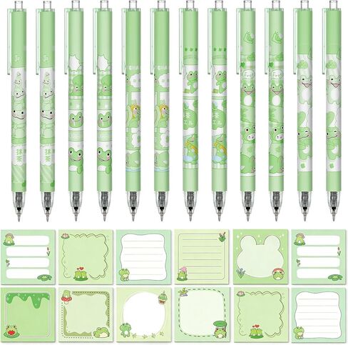 24 Pcs Cute Green Frog Stuff,12 Green Frog Pens and 12 Pads Frog Sticky Notes,Frog Gifts,Black Ink Ballpoint Pens for Birthday Party Back to School Student Gift Women Office School Supplies in Saudi Arabia