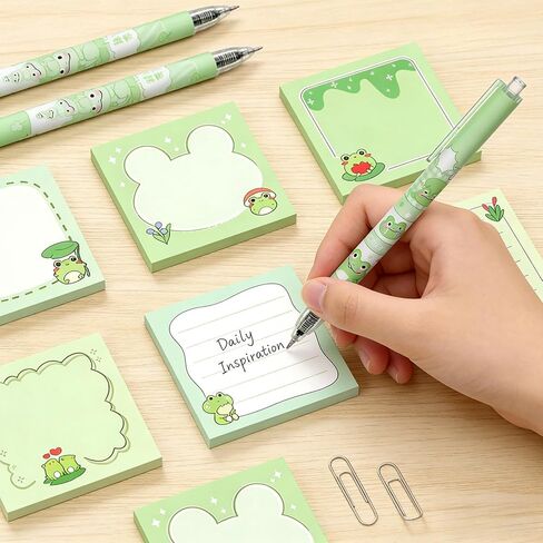 24 Pcs Cute Green Frog Stuff,12 Green Frog Pens and 12 Pads Frog Sticky Notes,Frog Gifts,Black Ink Ballpoint Pens for Birthday Party Back to School Student Gift Women Office School Supplies in Saudi Arabia