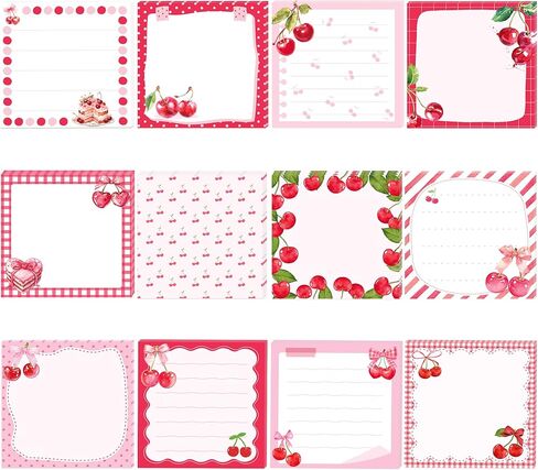 12 Pack Cherry Square Sticky Notes Set, Watercolor Cherry Bow Cake Pattern Self Adhesive Memo Notepads, 3x3 Inch Pink Red Aesthetic Cherry Stationery, 240 Sheets for Journaling, Bullet Journal, Daily in Saudi Arabia
