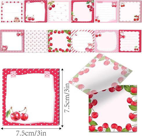 12 Pack Cherry Square Sticky Notes Set, Watercolor Cherry Bow Cake Pattern Self Adhesive Memo Notepads, 3x3 Inch Pink Red Aesthetic Cherry Stationery, 240 Sheets for Journaling, Bullet Journal, Daily in Saudi Arabia