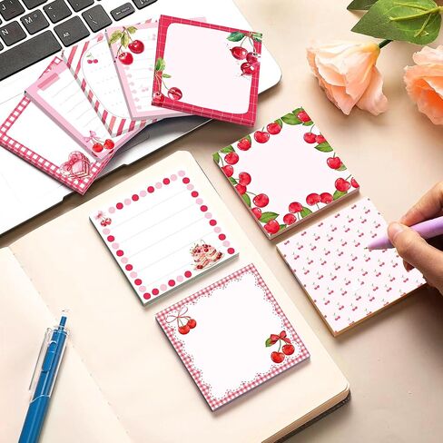 12 Pack Cherry Square Sticky Notes Set, Watercolor Cherry Bow Cake Pattern Self Adhesive Memo Notepads, 3x3 Inch Pink Red Aesthetic Cherry Stationery, 240 Sheets for Journaling, Bullet Journal, Daily in Saudi Arabia