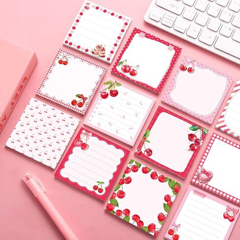 12 Pack Cherry Square Sticky Notes Set, Watercolor Cherry Bow Cake Pattern Self Adhesive Memo Notepads, 3x3 Inch Pink Red Aesthetic Cherry Stationery, 240 Sheets for Journaling, Bullet Journal, Daily in Saudi Arabia