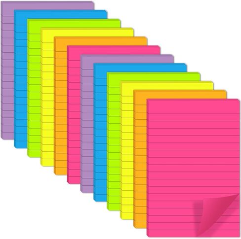 Lined Sticky Notes 4x6 in, Large Note Pads with Lines, 12 Pack Self-Stick Note Pads, 6 Colors Super Sticking Power Ruled Notepads for Office, School, Home, Planning & Windows, 30 Sheets/Pad in Saudi Arabia