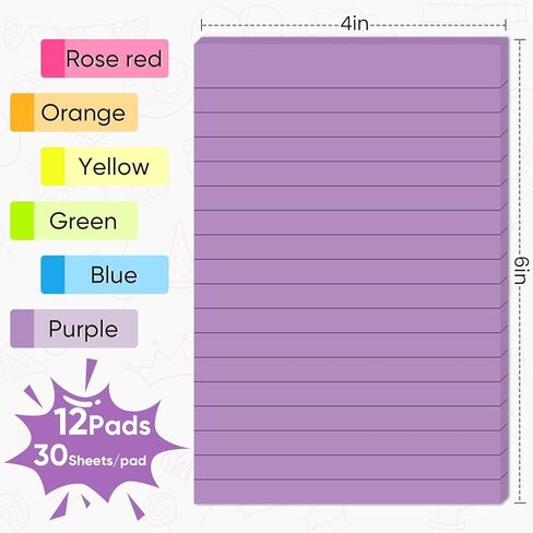 Lined Sticky Notes 4x6 in, Large Note Pads with Lines, 12 Pack Self-Stick Note Pads, 6 Colors Super Sticking Power Ruled Notepads for Office, School, Home, Planning & Windows, 30 Sheets/Pad in Saudi Arabia
