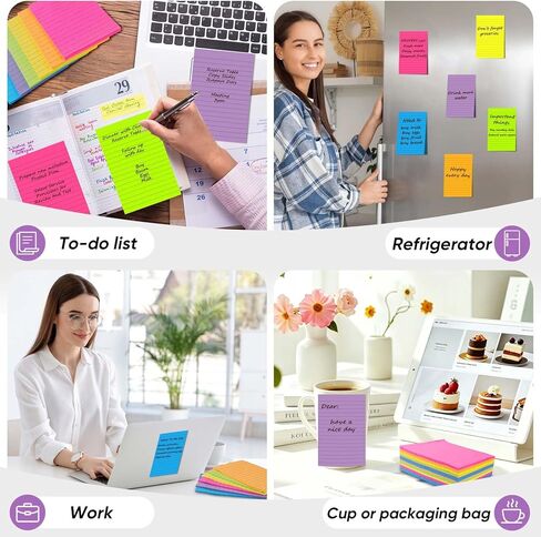 Lined Sticky Notes 4x6 in, Large Note Pads with Lines, 12 Pack Self-Stick Note Pads, 6 Colors Super Sticking Power Ruled Notepads for Office, School, Home, Planning & Windows, 30 Sheets/Pad in Saudi Arabia