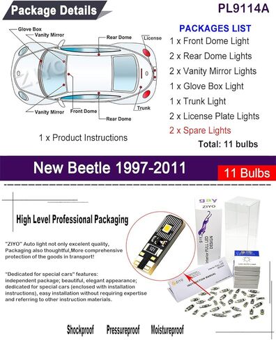بديل PL9114A لمجموعة مصابيح Volkswagen New Beetle 1998-2011 LED الداخلية، حزمة ملحقات مصابيح القبة البيضاء 6000K + ترقية لمبات إضاءة لوحة الترخيص (11 لمبة) in Kuwait