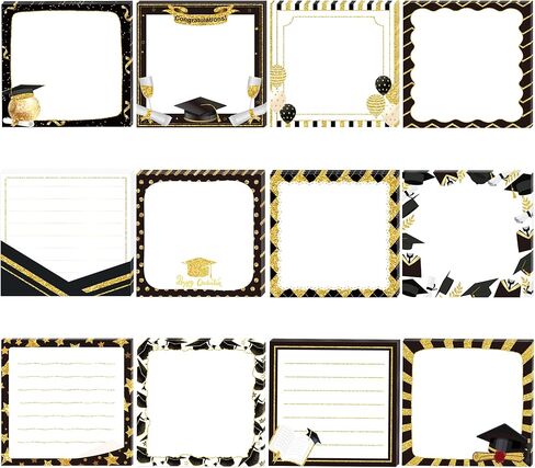 Graduation Party Sticky Notes Set, 12 Packs Grad Themed Memo Pads, Black Gold Graduation Cap Diploma Balloon Striped Chevron Border Design Self-Stick Note Pads for Party Favors, 2026 Ceremony Decor in Saudi Arabia