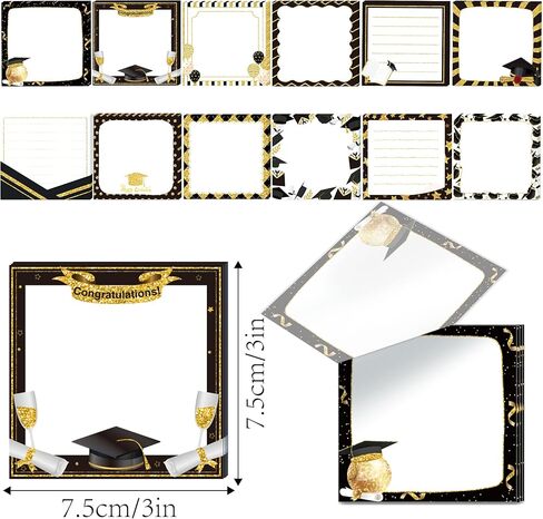 Graduation Party Sticky Notes Set, 12 Packs Grad Themed Memo Pads, Black Gold Graduation Cap Diploma Balloon Striped Chevron Border Design Self-Stick Note Pads for Party Favors, 2026 Ceremony Decor in Saudi Arabia
