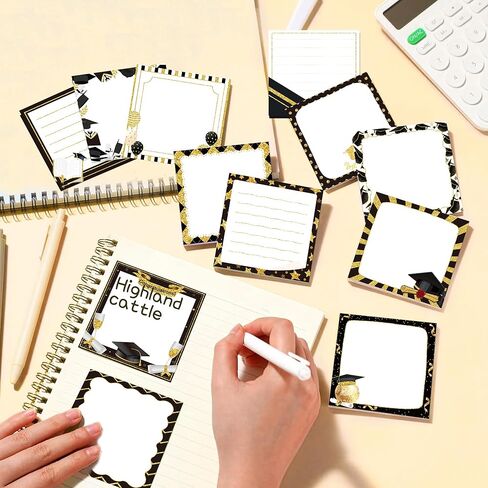 Graduation Party Sticky Notes Set, 12 Packs Grad Themed Memo Pads, Black Gold Graduation Cap Diploma Balloon Striped Chevron Border Design Self-Stick Note Pads for Party Favors, 2026 Ceremony Decor in Saudi Arabia