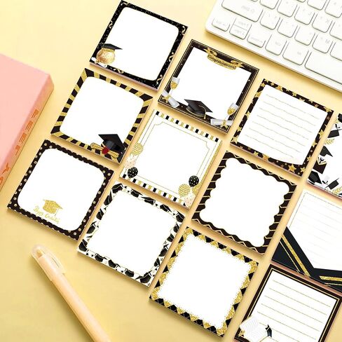 Graduation Party Sticky Notes Set, 12 Packs Grad Themed Memo Pads, Black Gold Graduation Cap Diploma Balloon Striped Chevron Border Design Self-Stick Note Pads for Party Favors, 2026 Ceremony Decor in Saudi Arabia