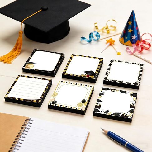 Graduation Party Sticky Notes Set, 12 Packs Grad Themed Memo Pads, Black Gold Graduation Cap Diploma Balloon Striped Chevron Border Design Self-Stick Note Pads for Party Favors, 2026 Ceremony Decor in Saudi Arabia