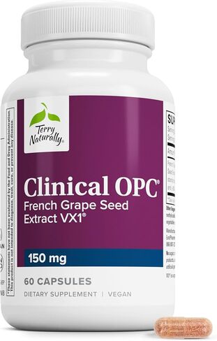Terry Naturally Clinical OPC - مكمل لدعم صحة القلب والأوعية الدموية والتركيز - مكمل غذائي مع مستخلص بذور العنب وليسيثين عباد الشمس - دعم المناعة - 150 مجم، 60 كبسولة هلامية (عبوة من قطعتين) in Kuwait