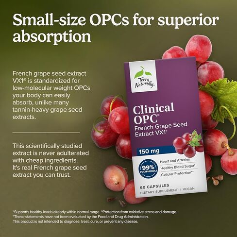 Terry Naturally Clinical OPC - مكمل لدعم صحة القلب والأوعية الدموية والتركيز - مكمل غذائي مع مستخلص بذور العنب وليسيثين عباد الشمس - دعم المناعة - 150 مجم، 60 كبسولة هلامية (عبوة من قطعتين) in Kuwait