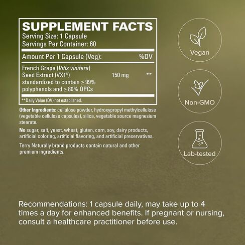 Terry Naturally Clinical OPC - مكمل لدعم صحة القلب والأوعية الدموية والتركيز - مكمل غذائي مع مستخلص بذور العنب وليسيثين عباد الشمس - دعم المناعة - 150 مجم، 60 كبسولة هلامية (عبوة من قطعتين) in Kuwait
