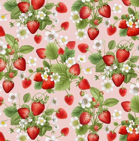 Timeless Treasures Berry Sweet Red Strawberries and Blossom Bouquets on Pink Cotton Fabric by The Yard in Saudi Arabia