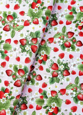 Timeless Treasures Berry Sweet Red Strawberries and Blossom Bouquets on Pink Cotton Fabric by The Yard in Saudi Arabia