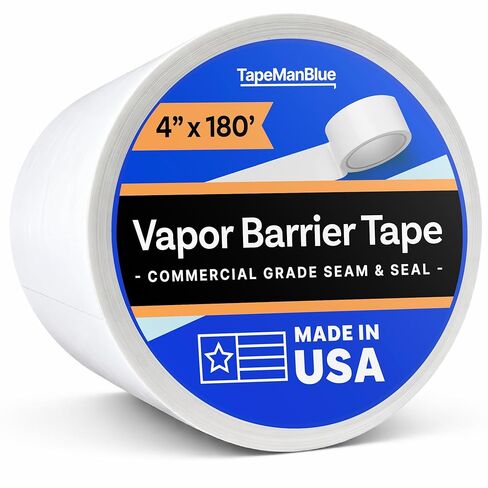 Vapor Barrier Tape - 4 inch x 180' Roll, Made in USA, White Polyethylene Tape for Crawl Spaces & Moisture Barriers, Waterproof Seal & Seam Tape for Underlayment, Insulation, and Plastic Liners (1) in Saudi Arabia