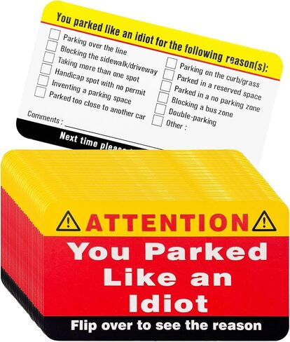 100PCS You Parked Like an Idiot Business Cards, 3.5"×2" Bad Parking Card with Multi Violation Reasons, Double Sided Funny Parking Violation Tickets for Bad Driver Learn to Park in Kuwait
