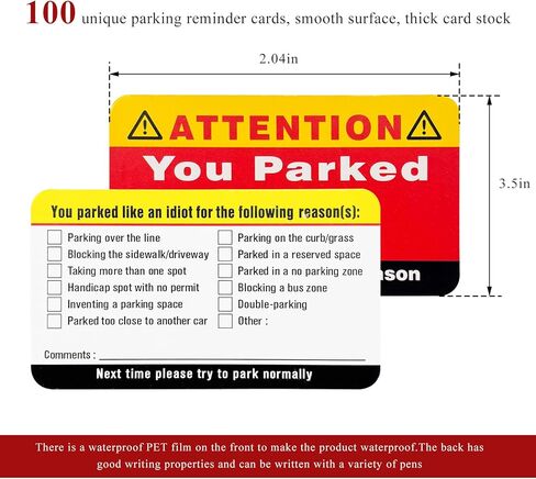 100PCS You Parked Like an Idiot Business Cards, 3.5"×2" Bad Parking Card with Multi Violation Reasons, Double Sided Funny Parking Violation Tickets for Bad Driver Learn to Park in Kuwait