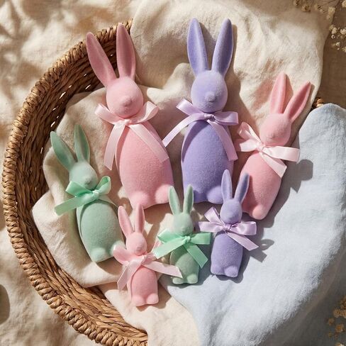 7 Pcs Pastel Easter Bunny Flocked Resin Figurines Set, 3 Sizes Pastel Flocked Rabbits Spring Table Decorations for Tiered Tray, Shelf, Home Easter Decor (Multicolor) in Saudi Arabia