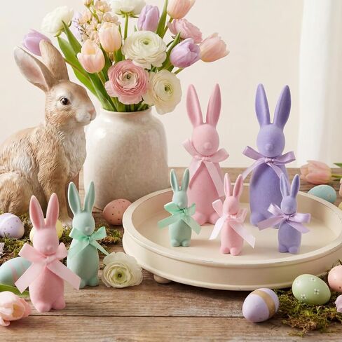 7 Pcs Pastel Easter Bunny Flocked Resin Figurines Set, 3 Sizes Pastel Flocked Rabbits Spring Table Decorations for Tiered Tray, Shelf, Home Easter Decor (Multicolor) in Saudi Arabia