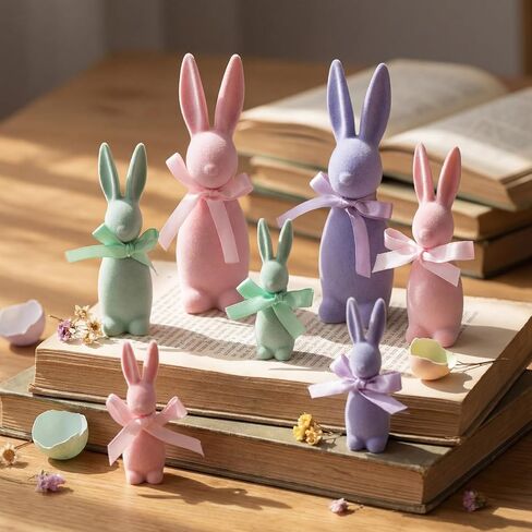 7 Pcs Pastel Easter Bunny Flocked Resin Figurines Set, 3 Sizes Pastel Flocked Rabbits Spring Table Decorations for Tiered Tray, Shelf, Home Easter Decor (Multicolor) in Saudi Arabia