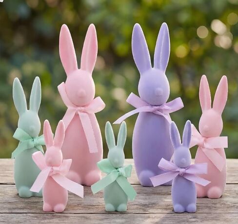 7 Pcs Pastel Easter Bunny Flocked Resin Figurines Set, 3 Sizes Pastel Flocked Rabbits Spring Table Decorations for Tiered Tray, Shelf, Home Easter Decor (Multicolor) in Saudi Arabia